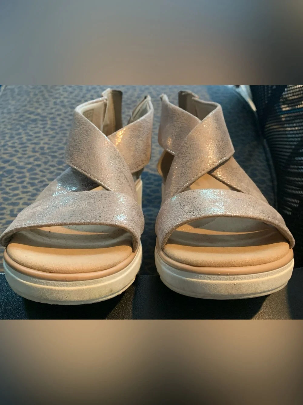 Clarks golden gray chrome suede wedge sandals